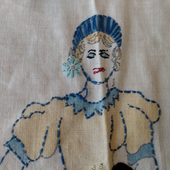 Vintage Full Apron Pinafore Handmade Embroidered Lady Flowers AS IS Flaws Ripped - Picture 9 of 14